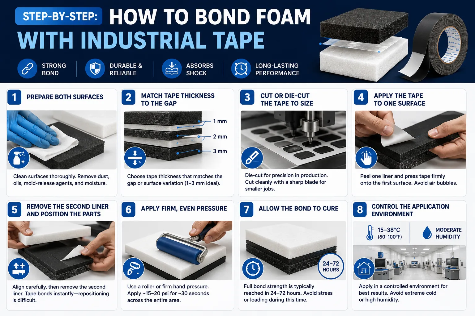Infographic showing the step-by-step process of bonding foam materials with industrial tape, including surface preparation, tape application, pressure, curing, and environmental control.