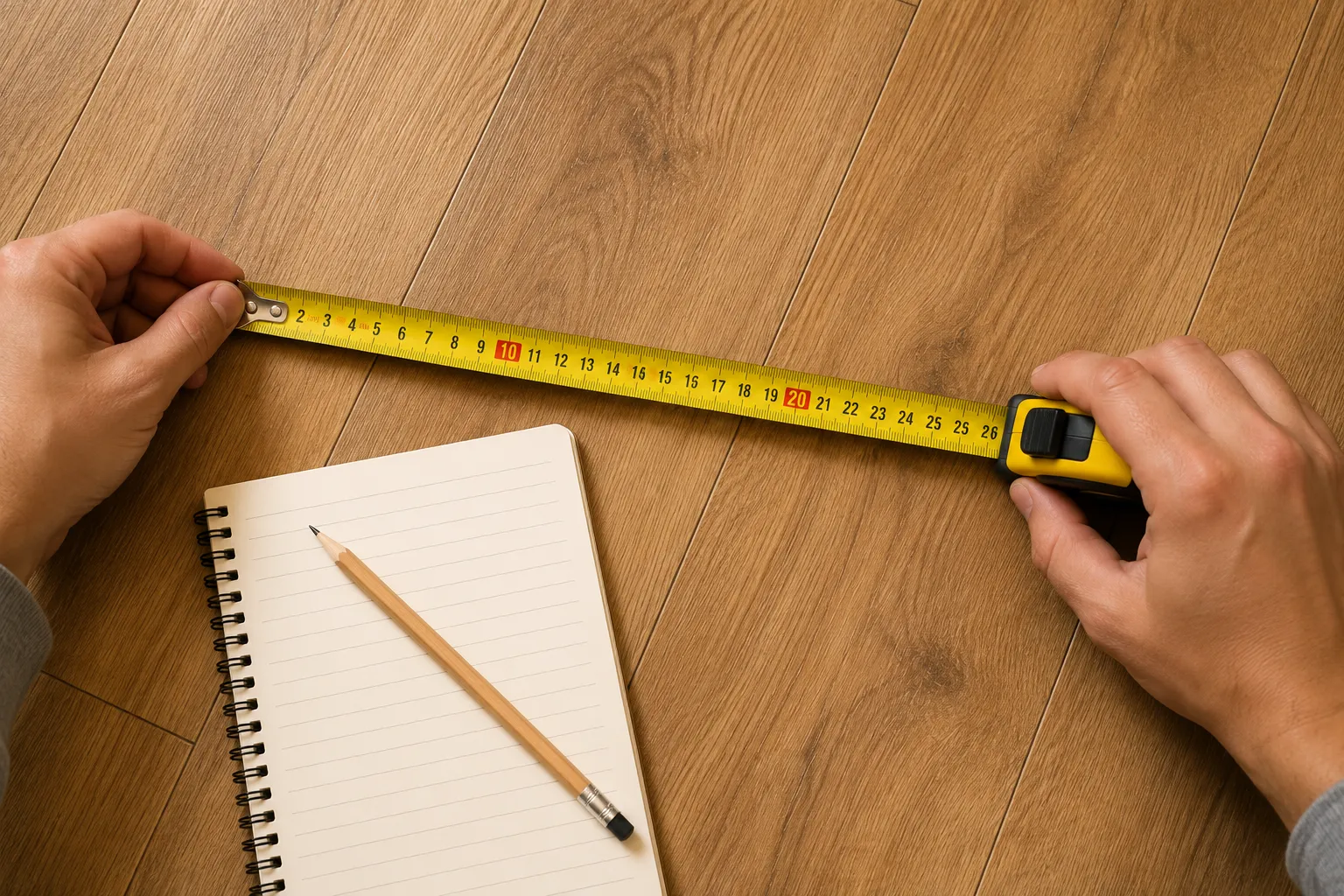 tape measure and notepad used to measure room dimensions