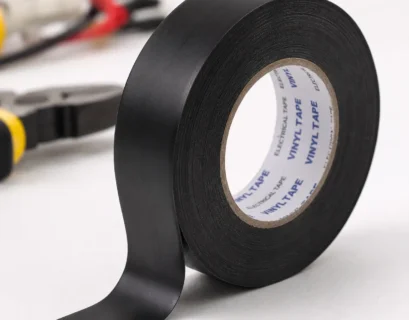 Black vinyl electrical tape roll on a workshop background