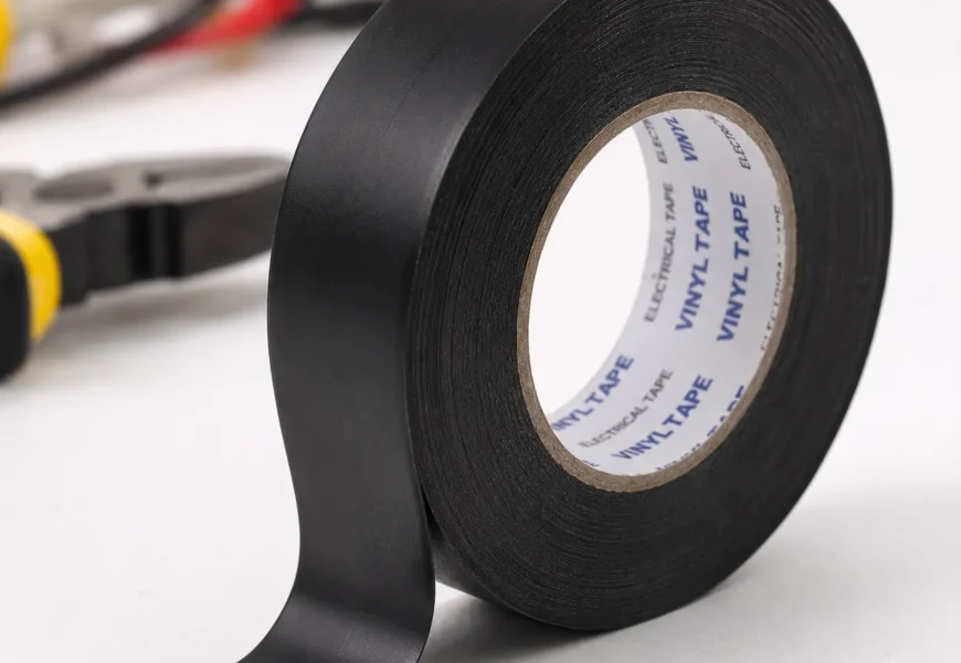 Black vinyl electrical tape roll on a workshop background