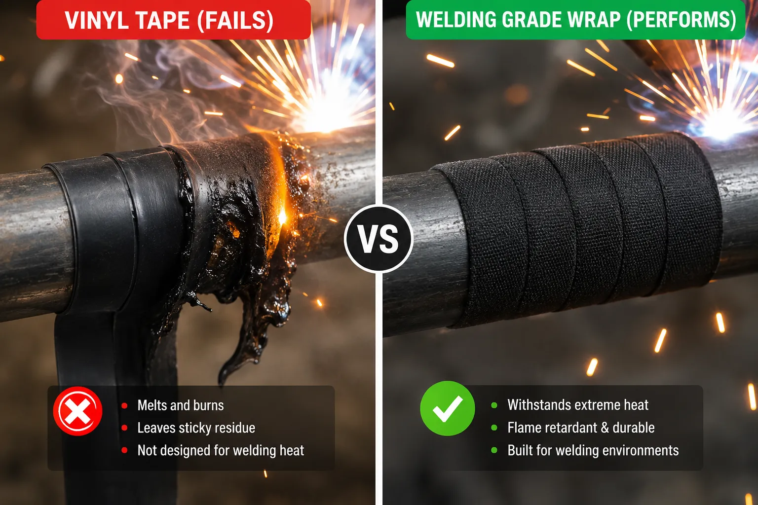 Comparison of vinyl tape melting near welding sparks versus welding-grade tape withstanding heat
