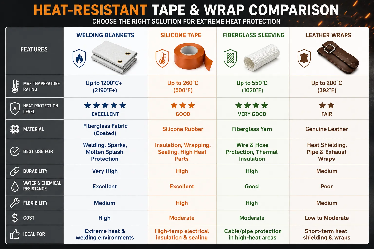 Chart comparing welding blankets, silicone tape, fiberglass sleeving, and leather wraps for heat resistance