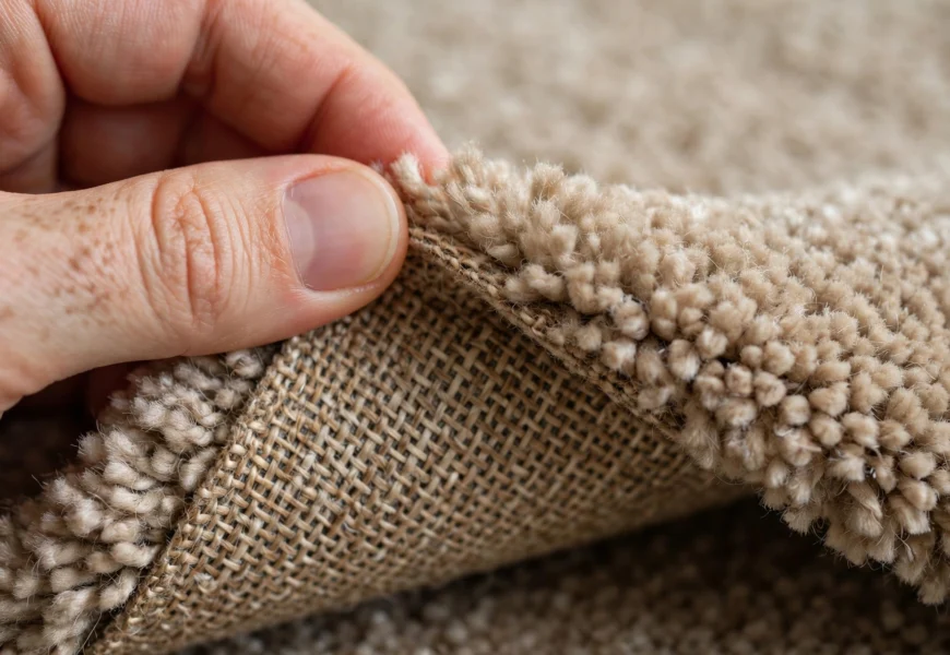 close up of carpet pile fibers showing face weight and backing