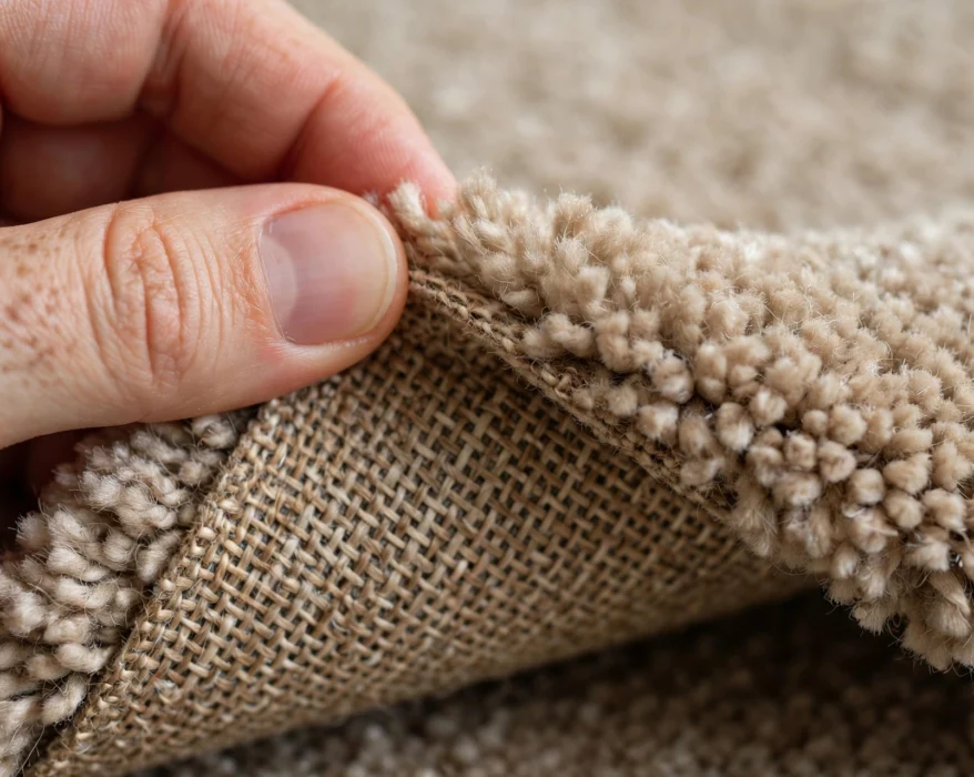 close up of carpet pile fibers showing face weight and backing