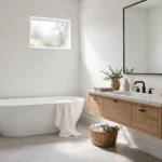 bathroom with porcelain tile flooring and freestanding bathtub