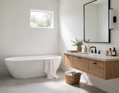 bathroom with porcelain tile flooring and freestanding bathtub