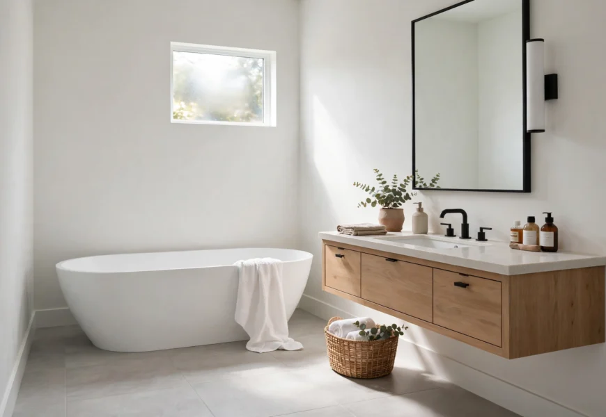 bathroom with porcelain tile flooring and freestanding bathtub