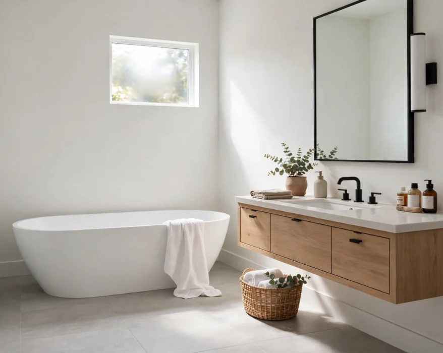 bathroom with porcelain tile flooring and freestanding bathtub