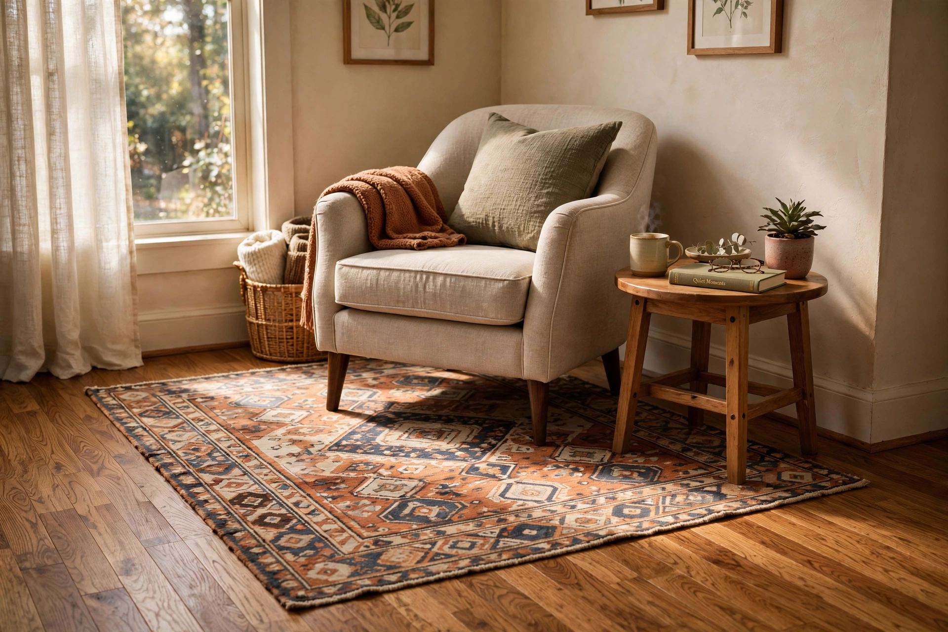 patterned area rug layered over hardwood flooring