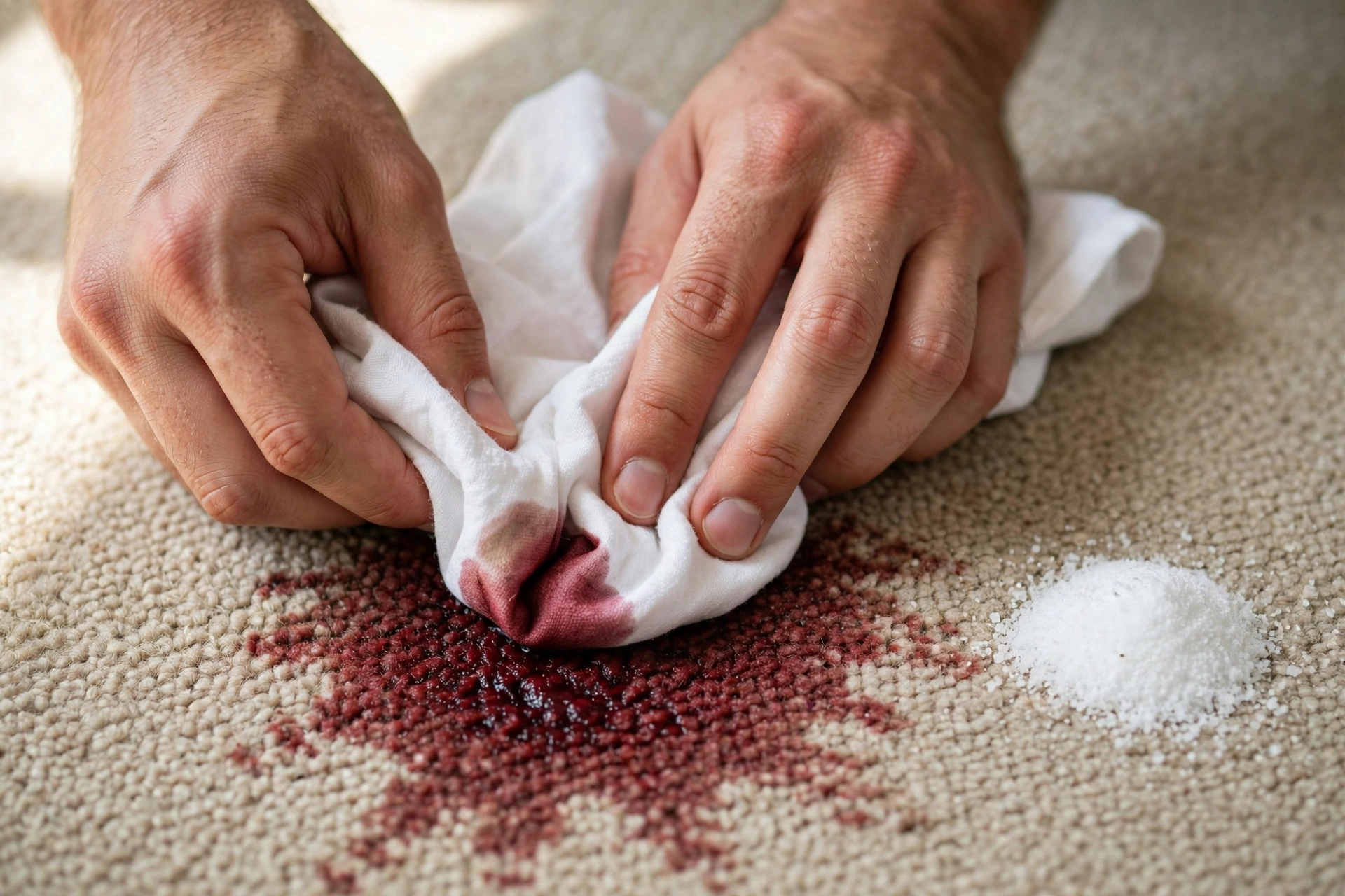 blotting red wine stain on carpet with cloth and salt