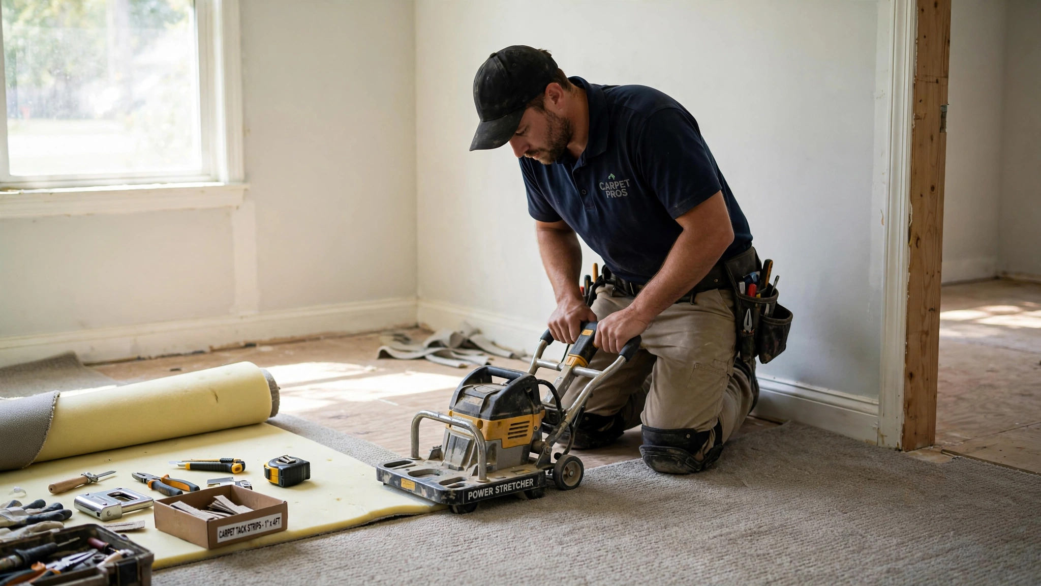 carpet installer using power stretcher during installation