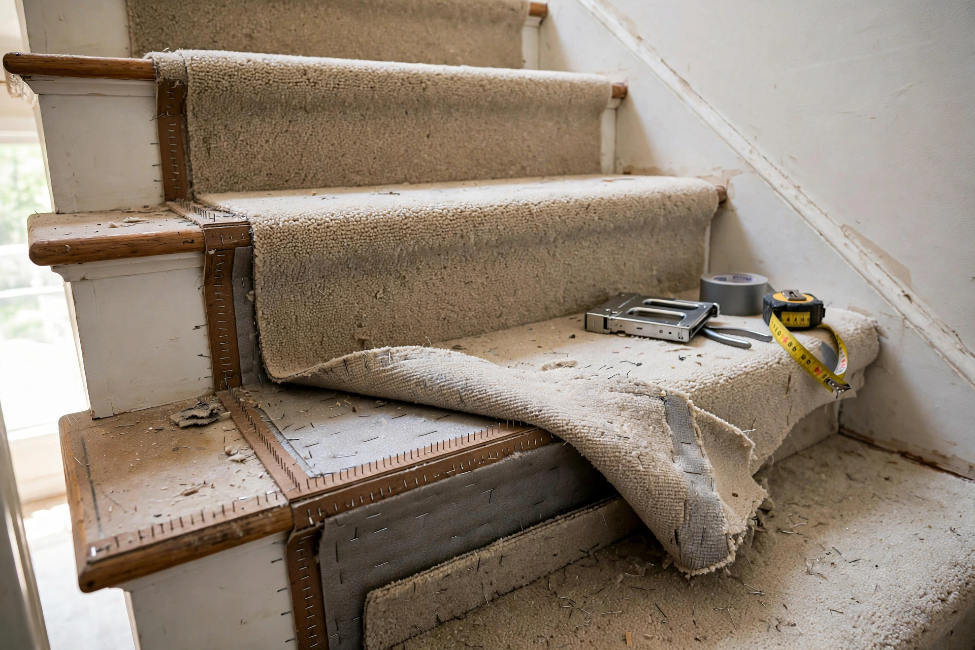 staircase mid installation with carpet tack strips