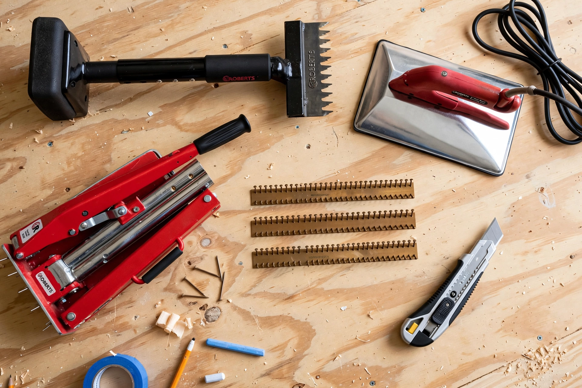 carpet installation tools including knee kicker and power stretcher