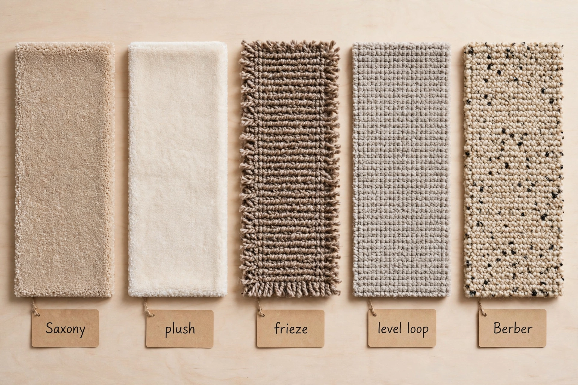 comparison of saxony plush frieze level loop and berber carpet swatches