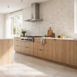 kitchen with porcelain floor tile and ceramic backsplash tile