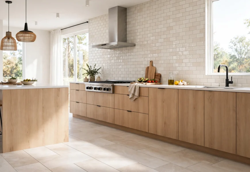 kitchen with porcelain floor tile and ceramic backsplash tile
