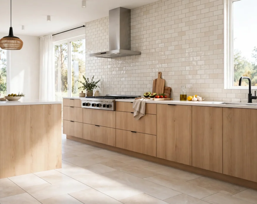 kitchen with porcelain floor tile and ceramic backsplash tile