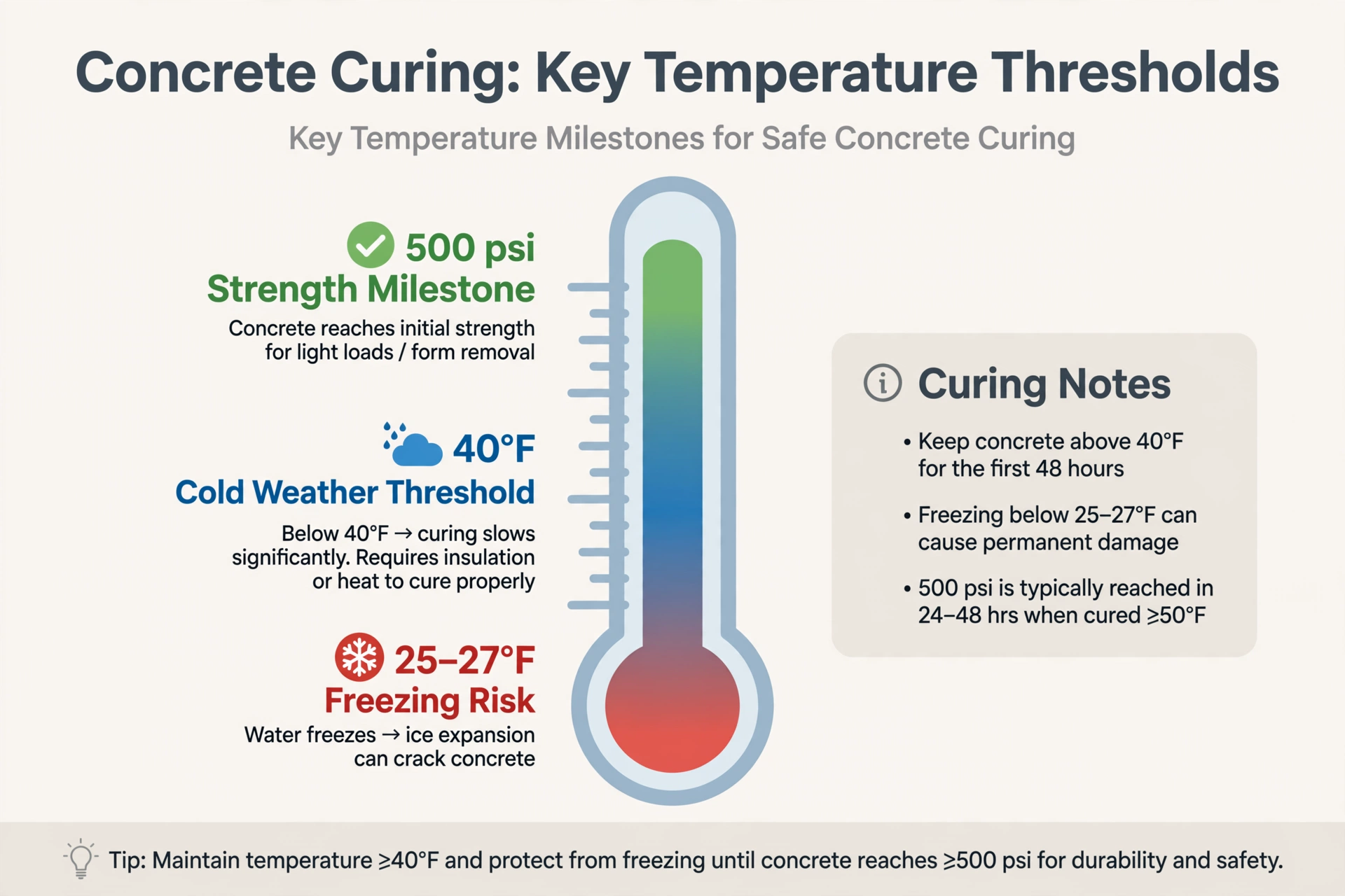 infographic showing temperature thresholds for concrete curing in cold weather