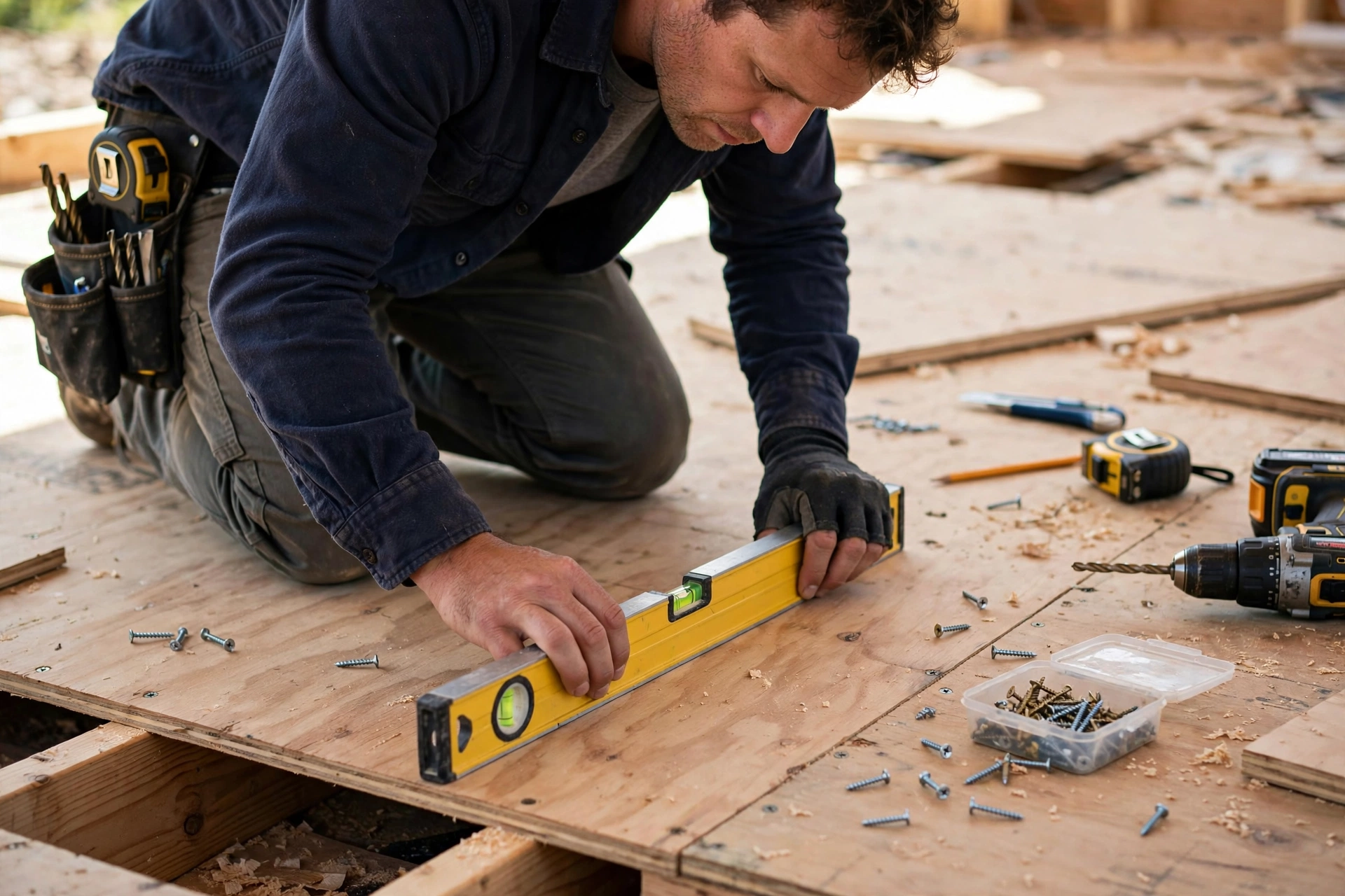 contractor checking plywood subfloor level before flooring installation