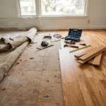 room mid renovation showing carpet removal and hardwood installation