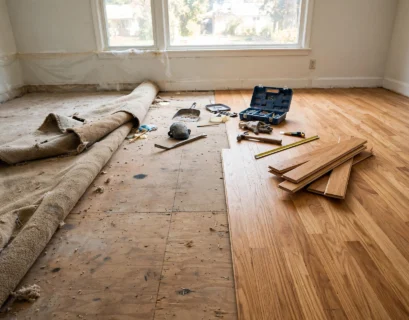 room mid renovation showing carpet removal and hardwood installation