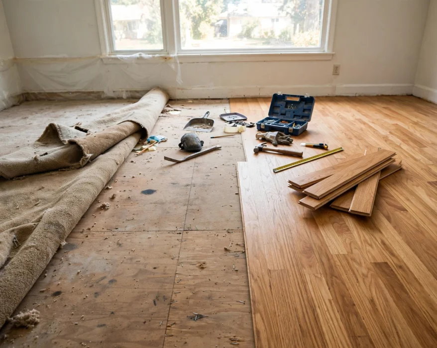 room mid renovation showing carpet removal and hardwood installation