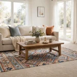 living room with wall to wall carpet and layered area rug
