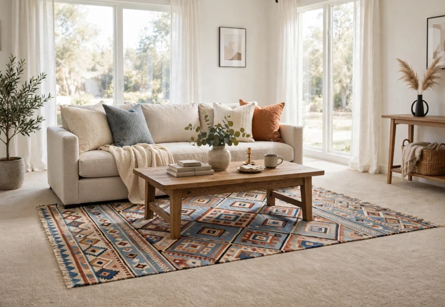 living room with wall to wall carpet and layered area rug
