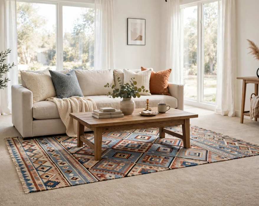 living room with wall to wall carpet and layered area rug