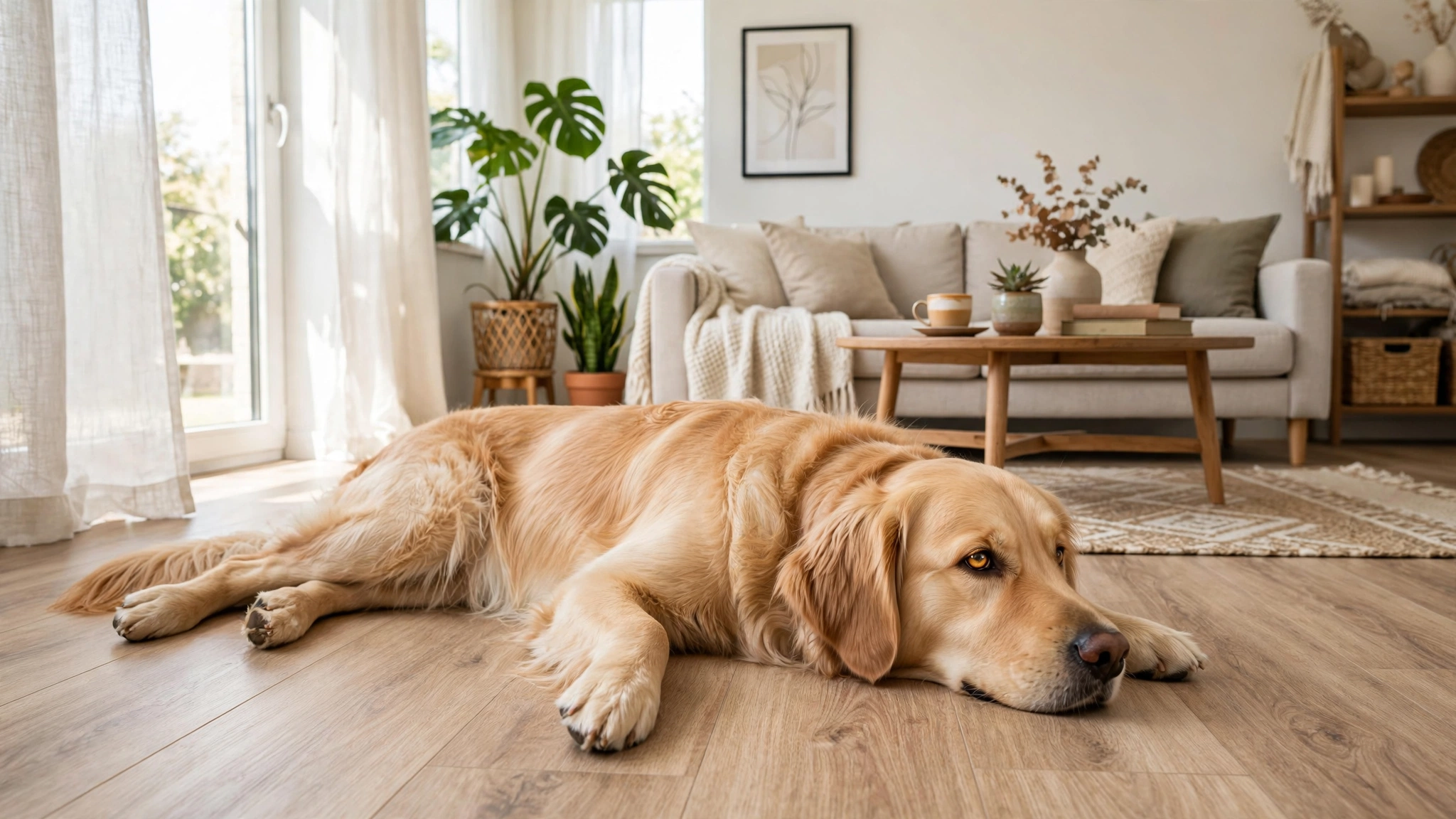 dog on laminate flooring in a pet friendly living room