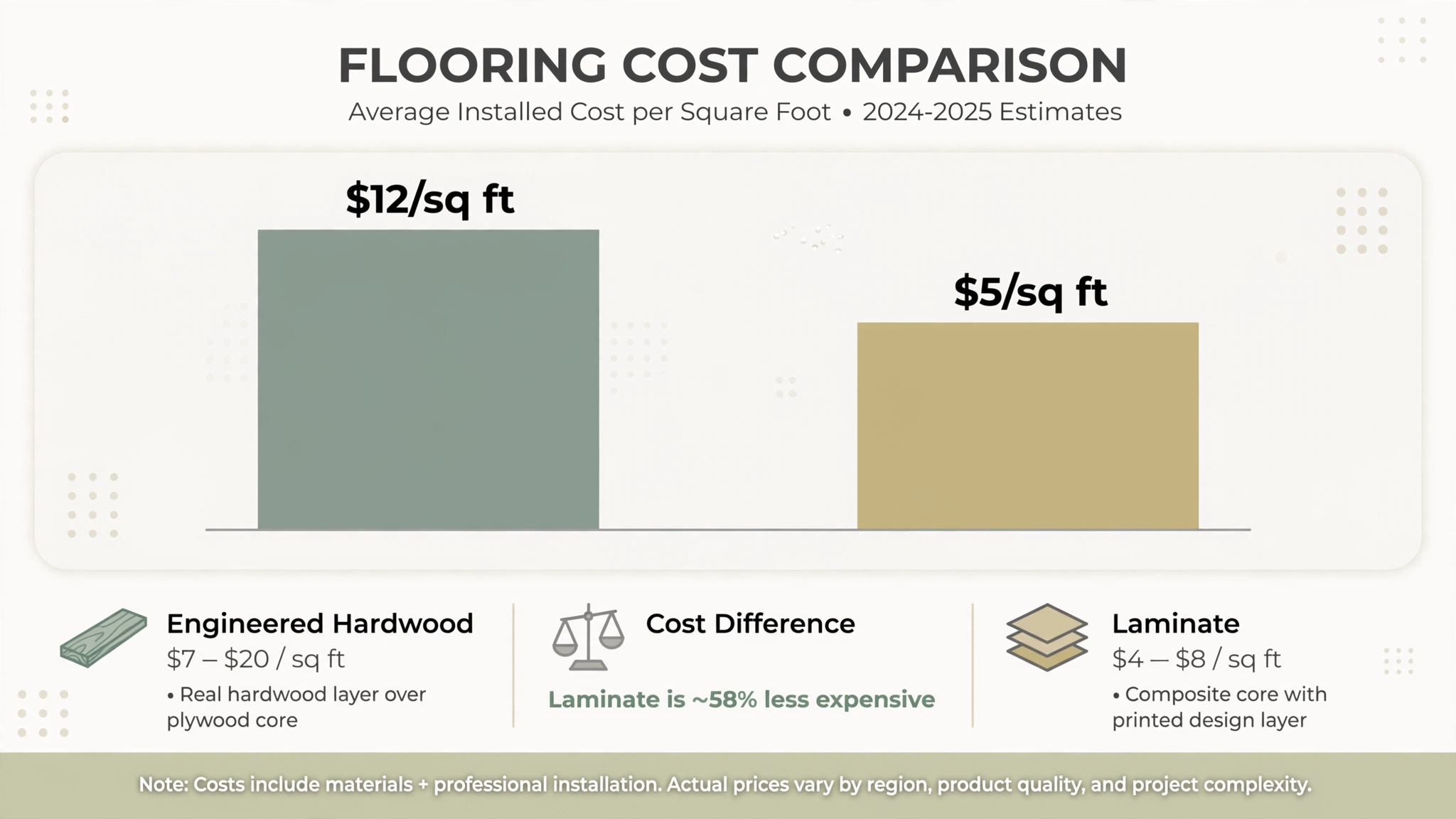 bar chart comparing cost per square foot of engineered hardwood and laminate flooring