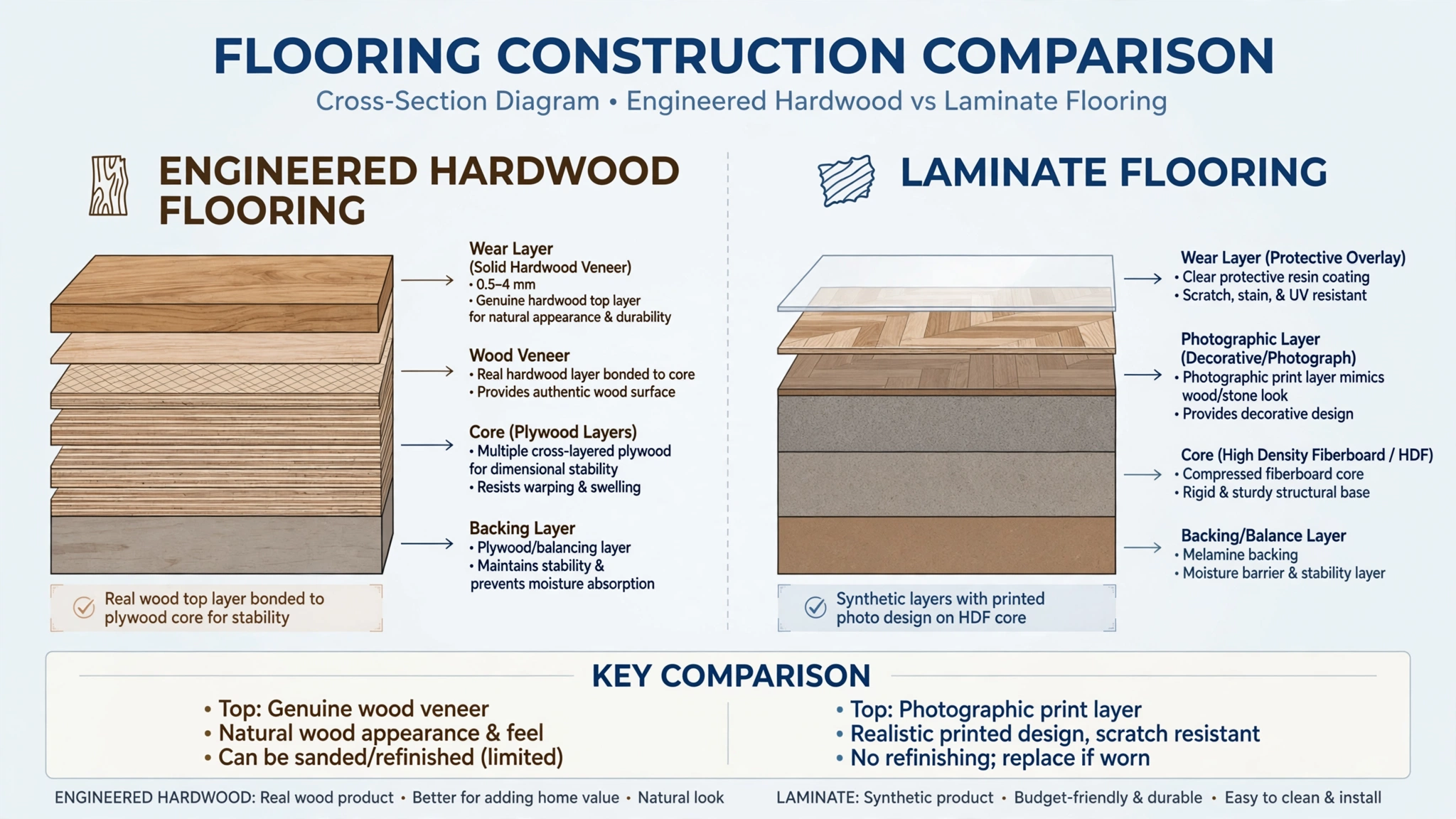 diagram comparing engineered hardwood and laminate flooring layer construction