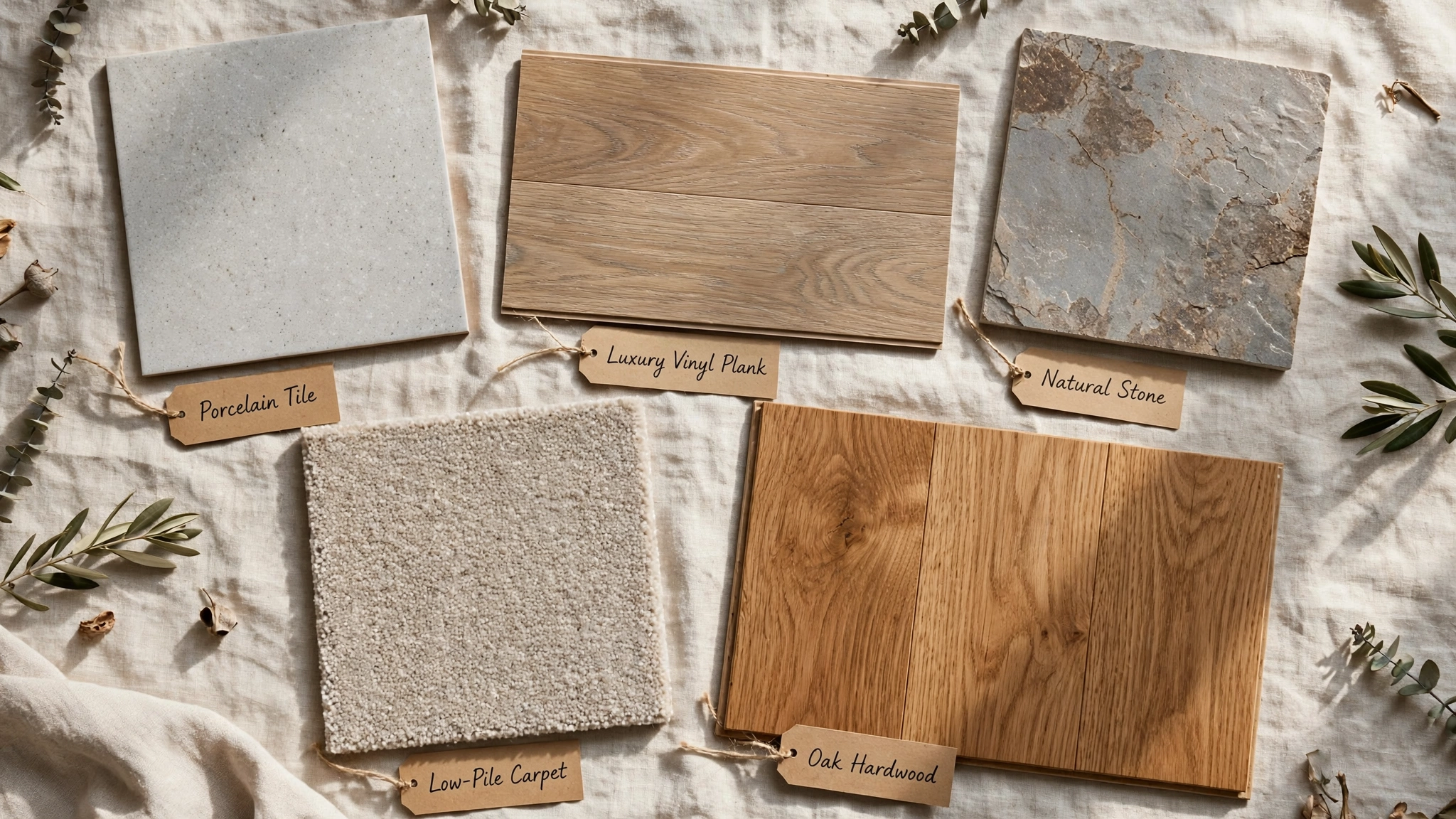 comparison of tile vinyl stone and carpet samples next to hardwood flooring
