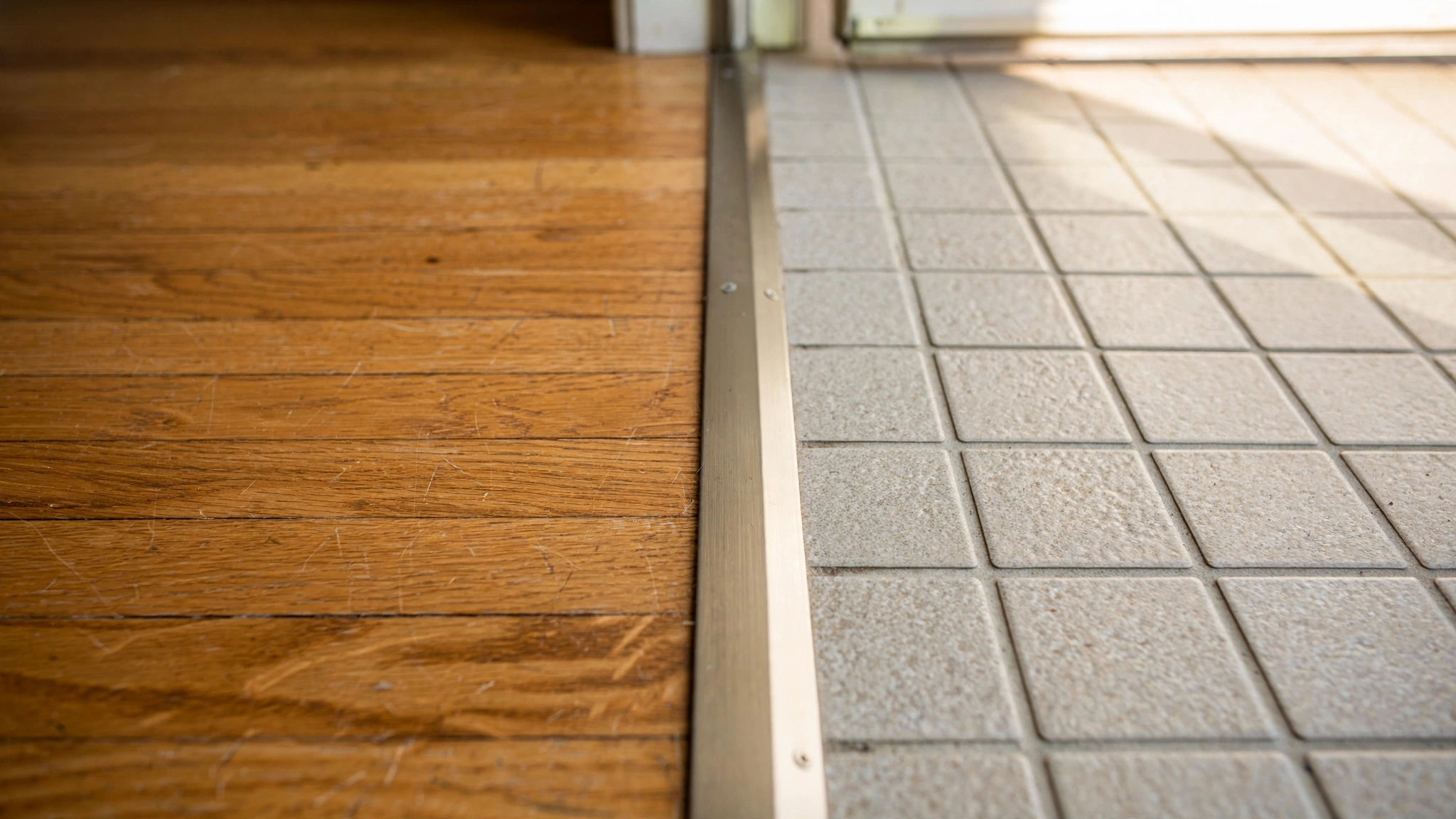 transition strip between hardwood and tile flooring at doorway