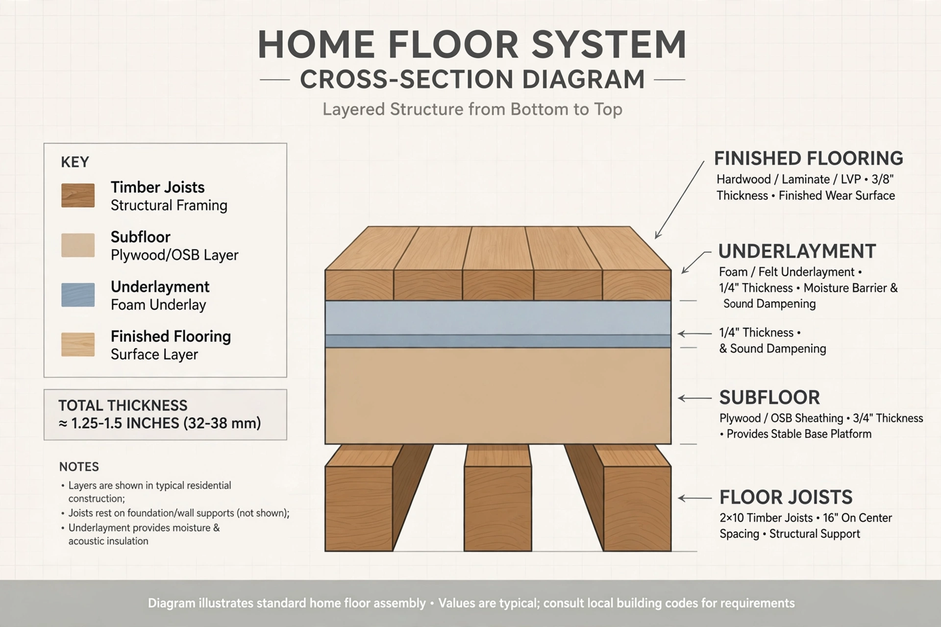 diagram of home flooring layers showing joists subfloor underlayment and finished flooring