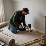 person using knee kicker tool to install carpet in bedroom