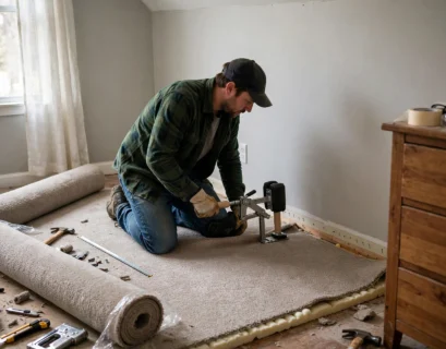 person using knee kicker tool to install carpet in bedroom
