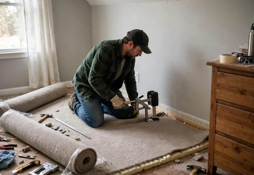 person using knee kicker tool to install carpet in bedroom