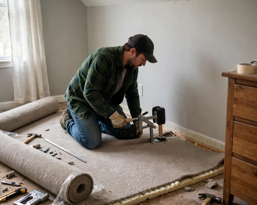 person using knee kicker tool to install carpet in bedroom