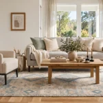 living room with properly sized area carpet under sofa and furniture