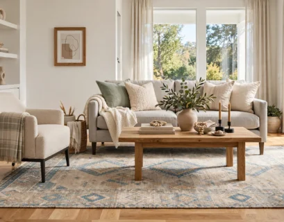 living room with properly sized area carpet under sofa and furniture