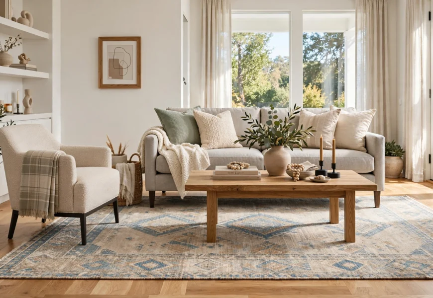 living room with properly sized area carpet under sofa and furniture