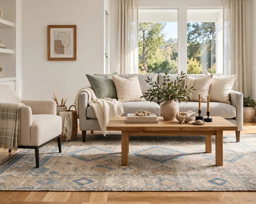 living room with properly sized area carpet under sofa and furniture