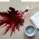 red wine spill on carpet with cleaning cloth nearby