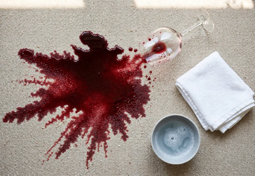 red wine spill on carpet with cleaning cloth nearby