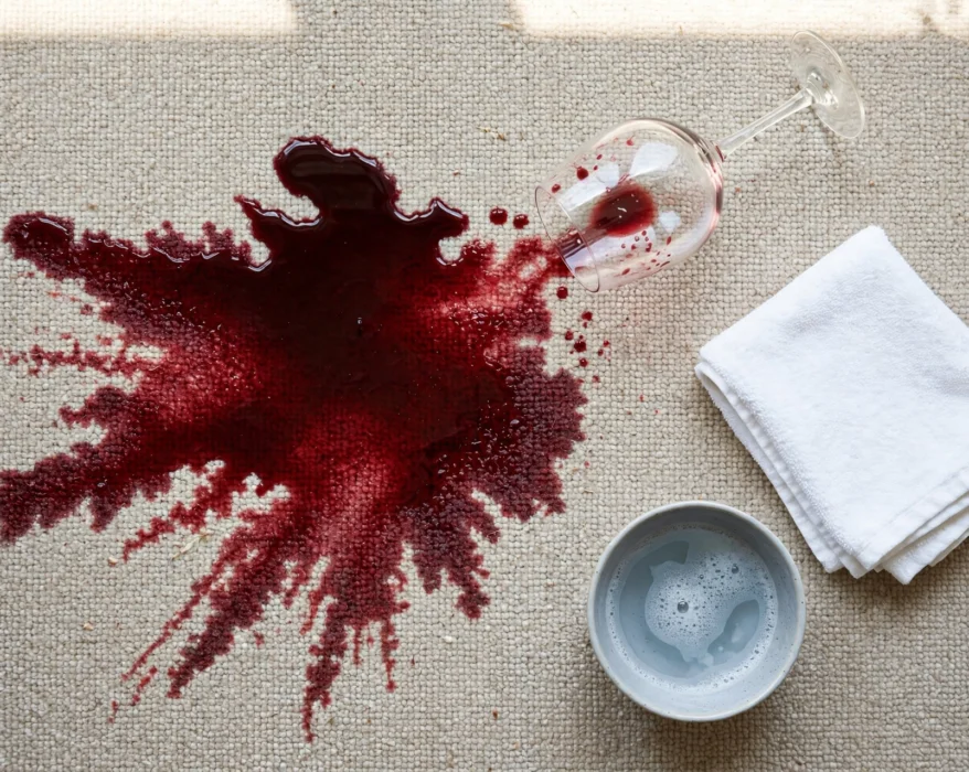 red wine spill on carpet with cleaning cloth nearby