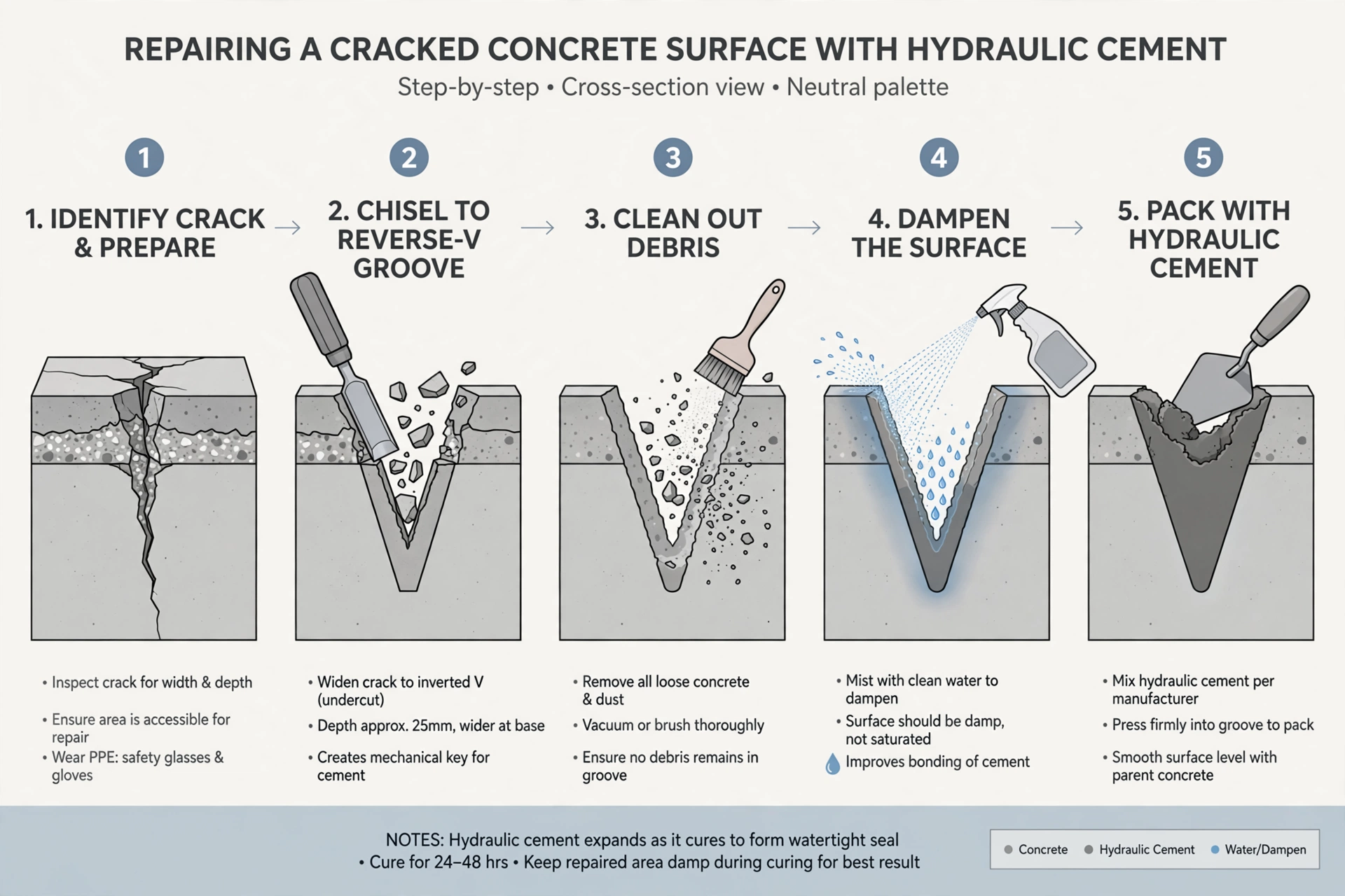diagram showing steps for applying hydraulic cement to a concrete crack