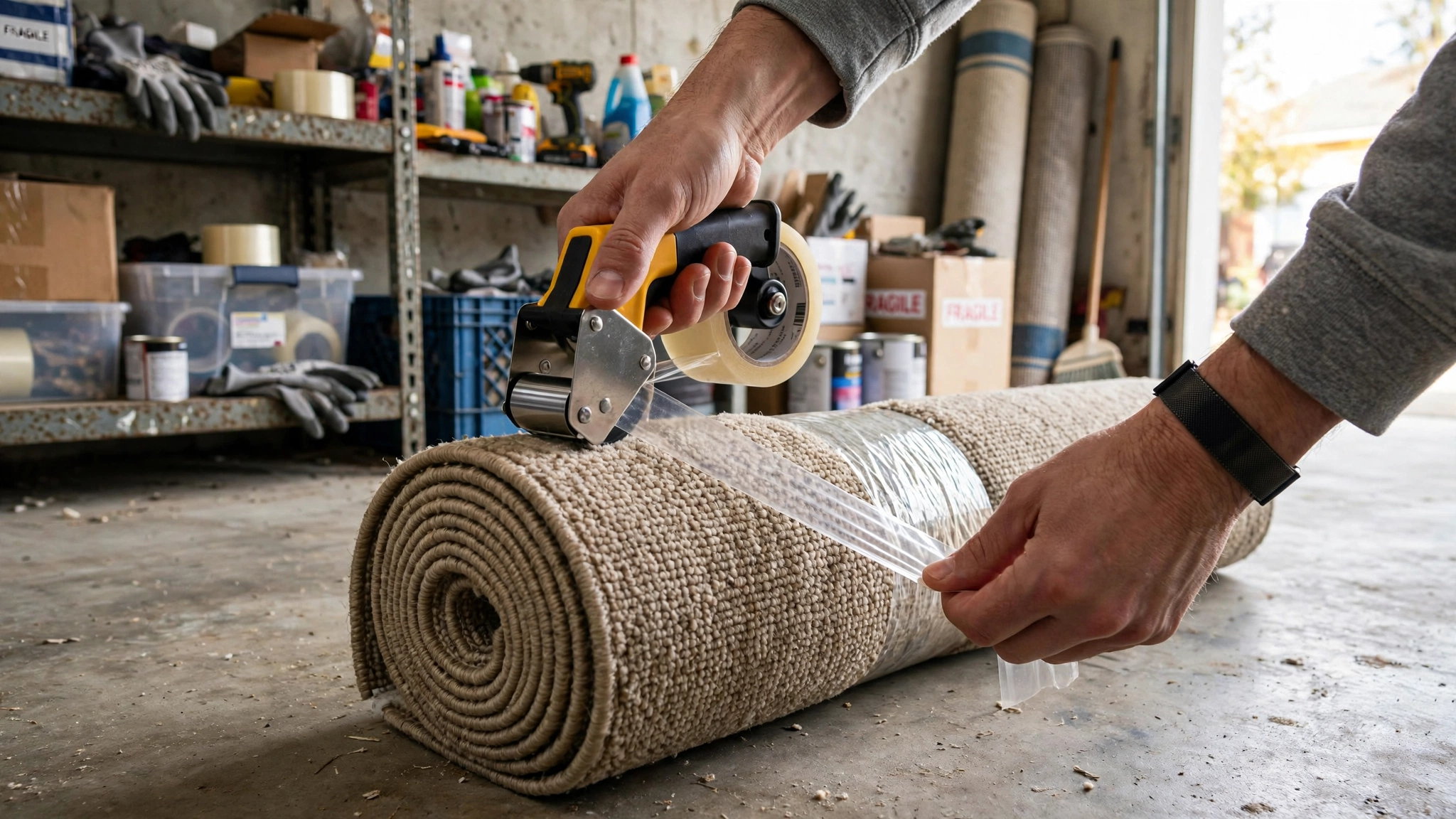 industrial clear tape used to bundle rolled rug for storage