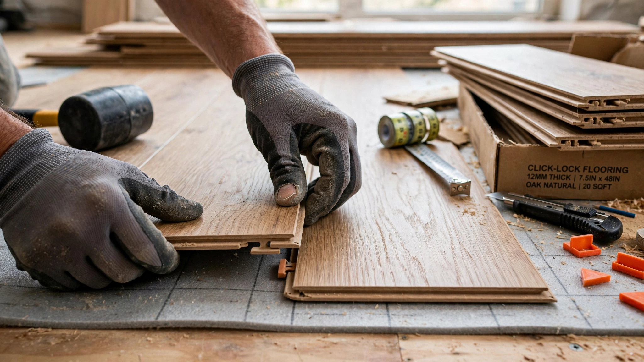 installer clicking together engineered hardwood or laminate plank flooring