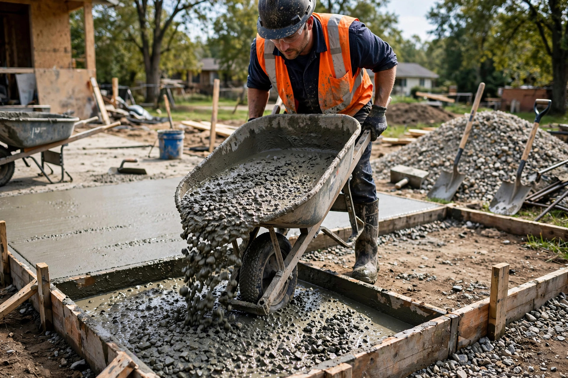 worker pouring concrete driveway slab with visible aggregate